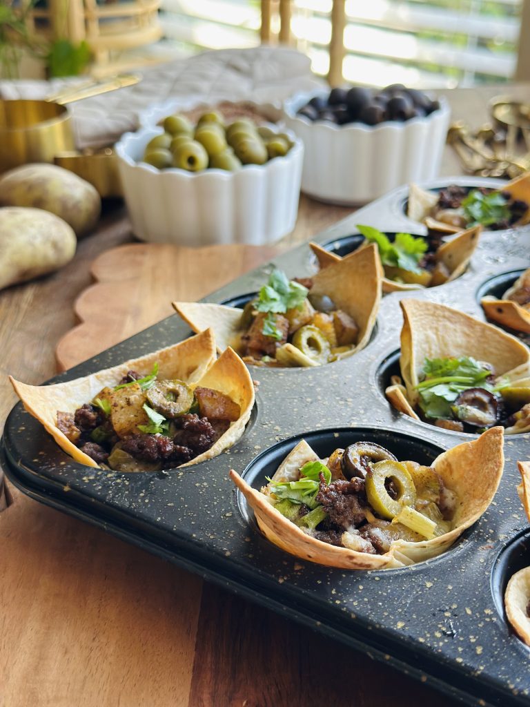 Cheesy Potato and olive taco cups